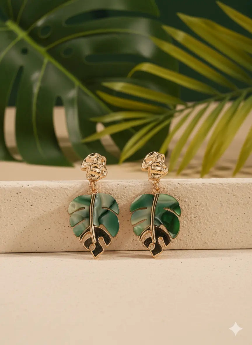 Boucles d’Oreilles Feuille Tropicale – Vert & Or UMII