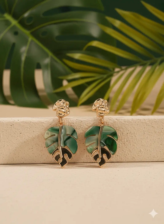 Boucles d’Oreilles Feuille Tropicale – Vert & Or UMII