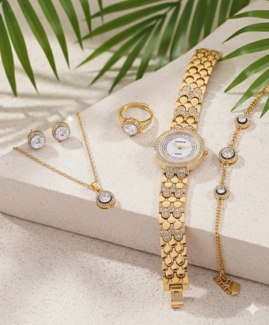Set Bijoux Femme Luxe – Montre + Bracelet + Collier + Bague + Boucles d’oreilles (Or & Strass) UMII