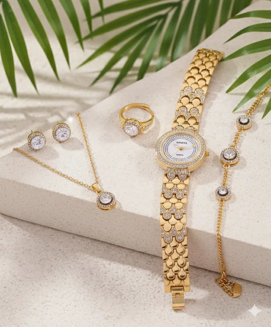 Set Bijoux Femme Luxe – Montre + Bracelet + Collier + Bague + Boucles d’oreilles (Or & Strass) UMII