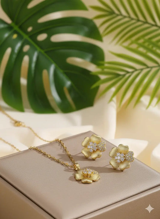 Parure Florale Dorée – Acier Inoxydable & Strass UMII