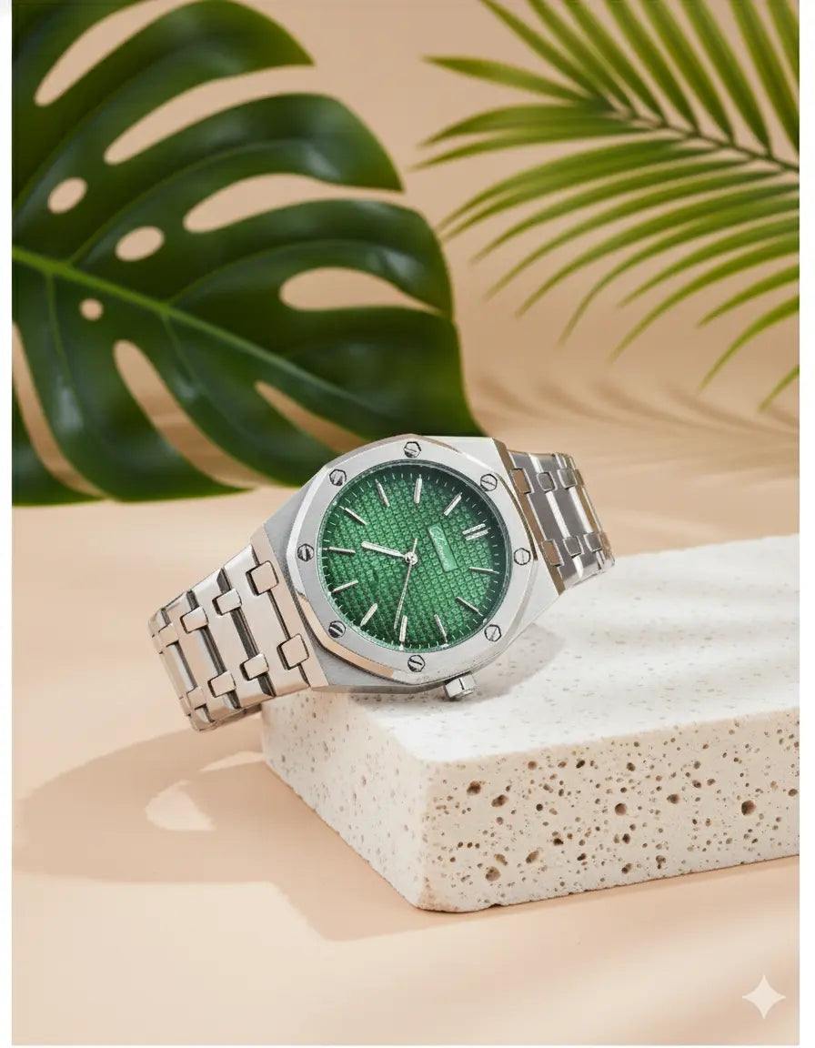 Montre Homme DENVOSI – Acier Inoxydable, Cadran Vert, Quartz & Affichage Date UMII