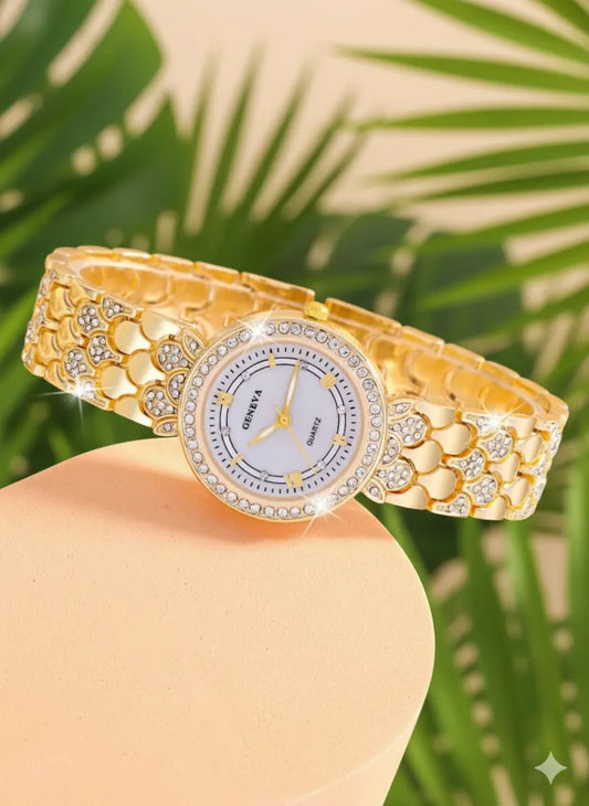 Set Bijoux Femme Luxe – Montre + Bracelet + Collier + Bague + Boucles d’oreilles (Or & Strass) UMII