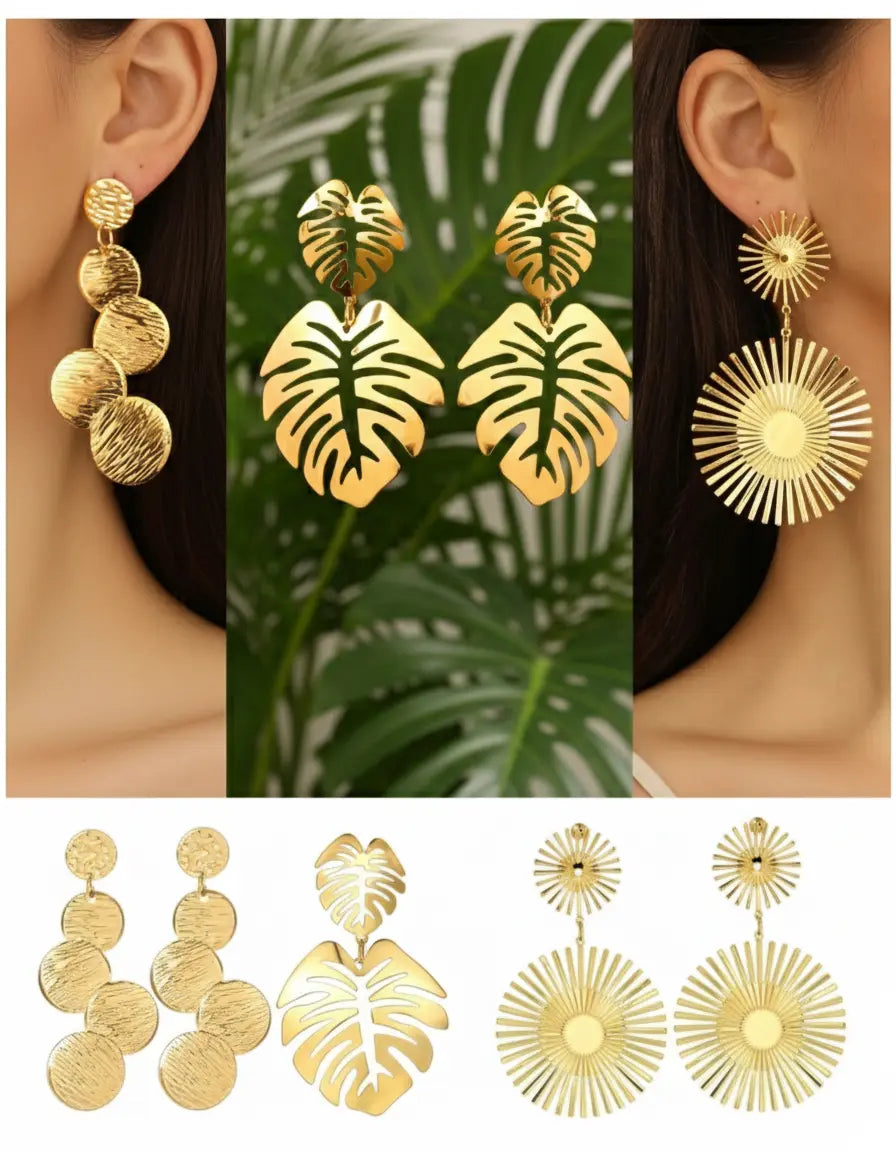 Lot de 3 paires de boucles d’oreilles dorées – Feuille & Cercles UMII