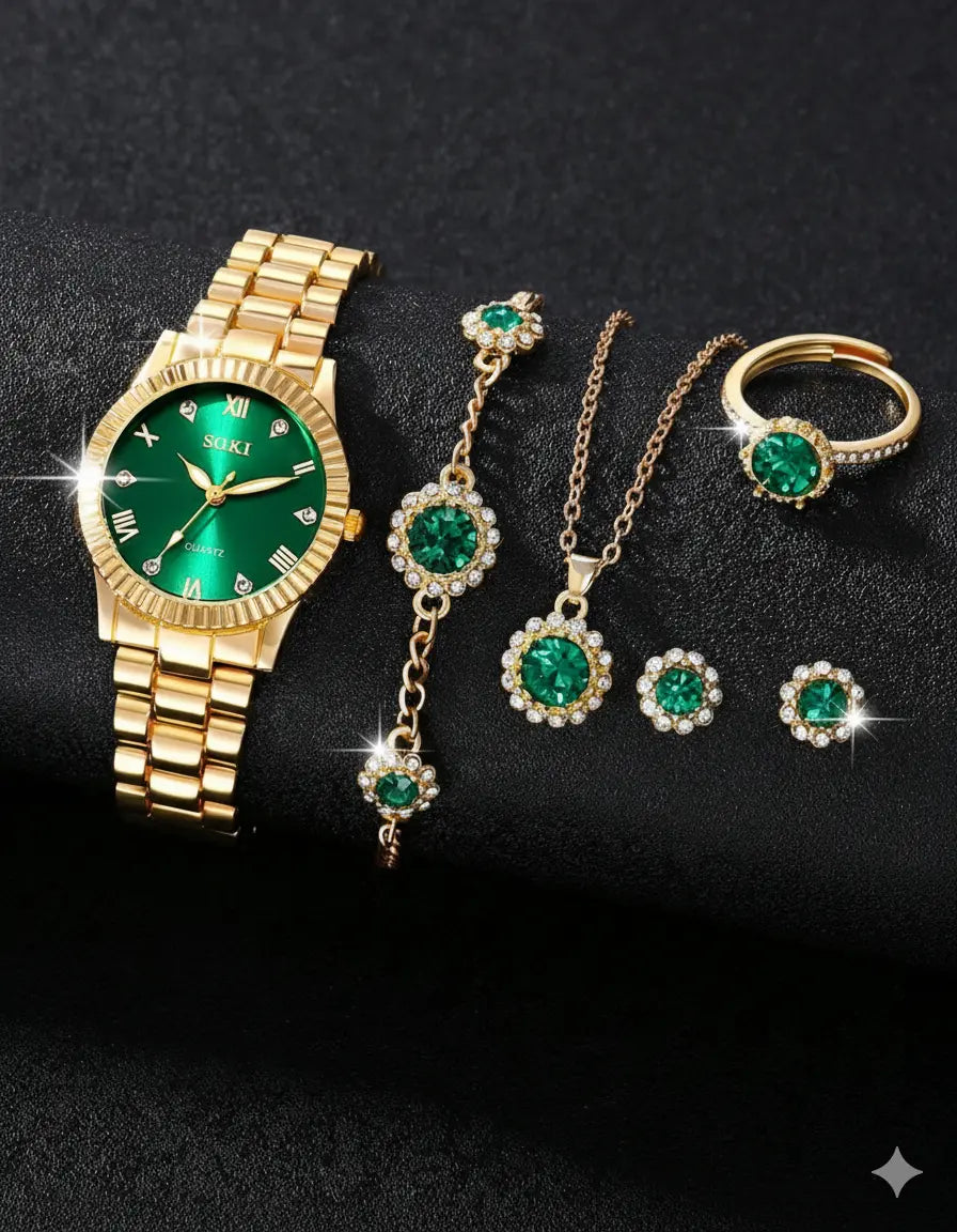 Set Bijoux Femme Luxe – Montre + Bracelet + Collier + Bague + Boucles d’oreilles UMII