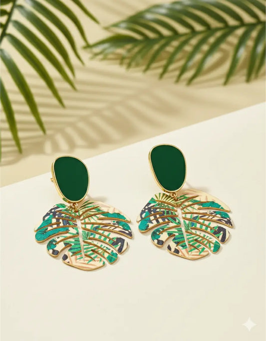 Boucles d’Oreilles Feuille Tropicale – Vert & Or UMII