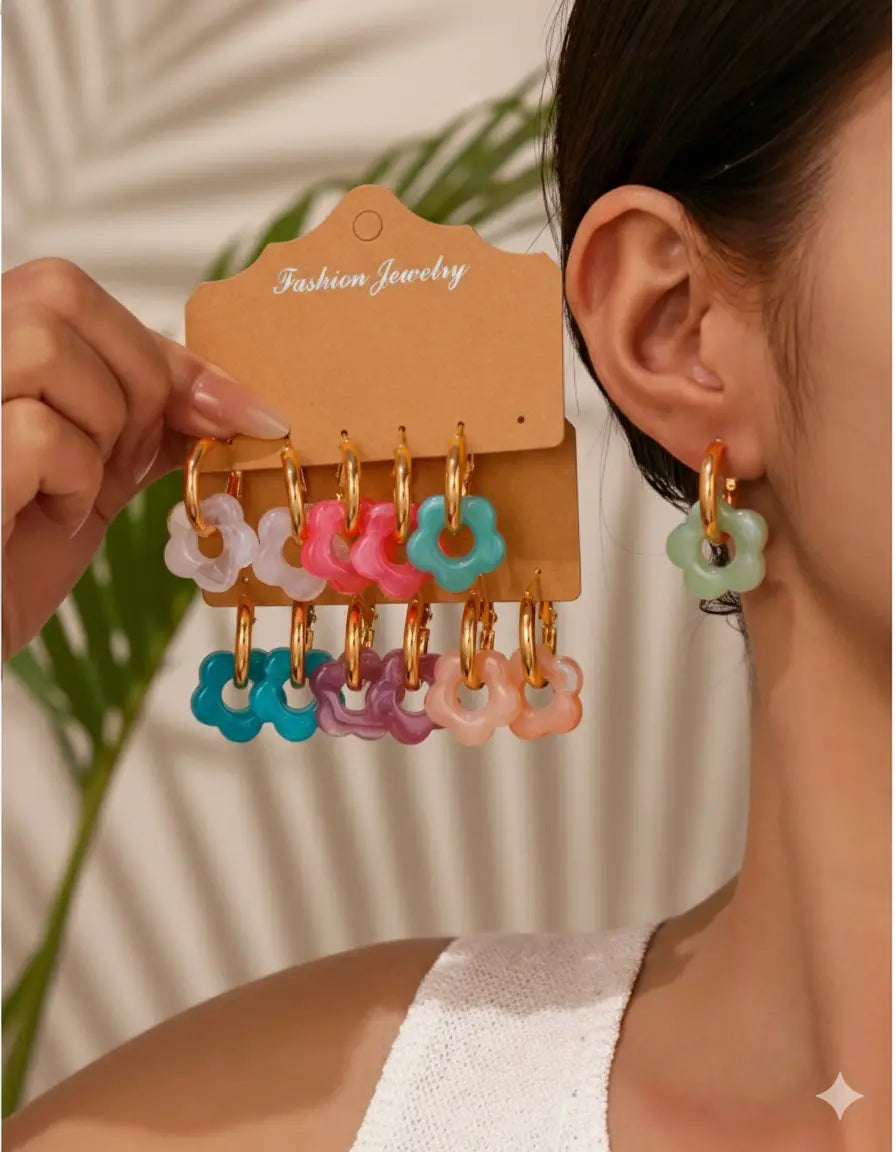 Lot de 12 paires de boucles d’oreilles fleur en résine – Style Dopamine Colorée UMII