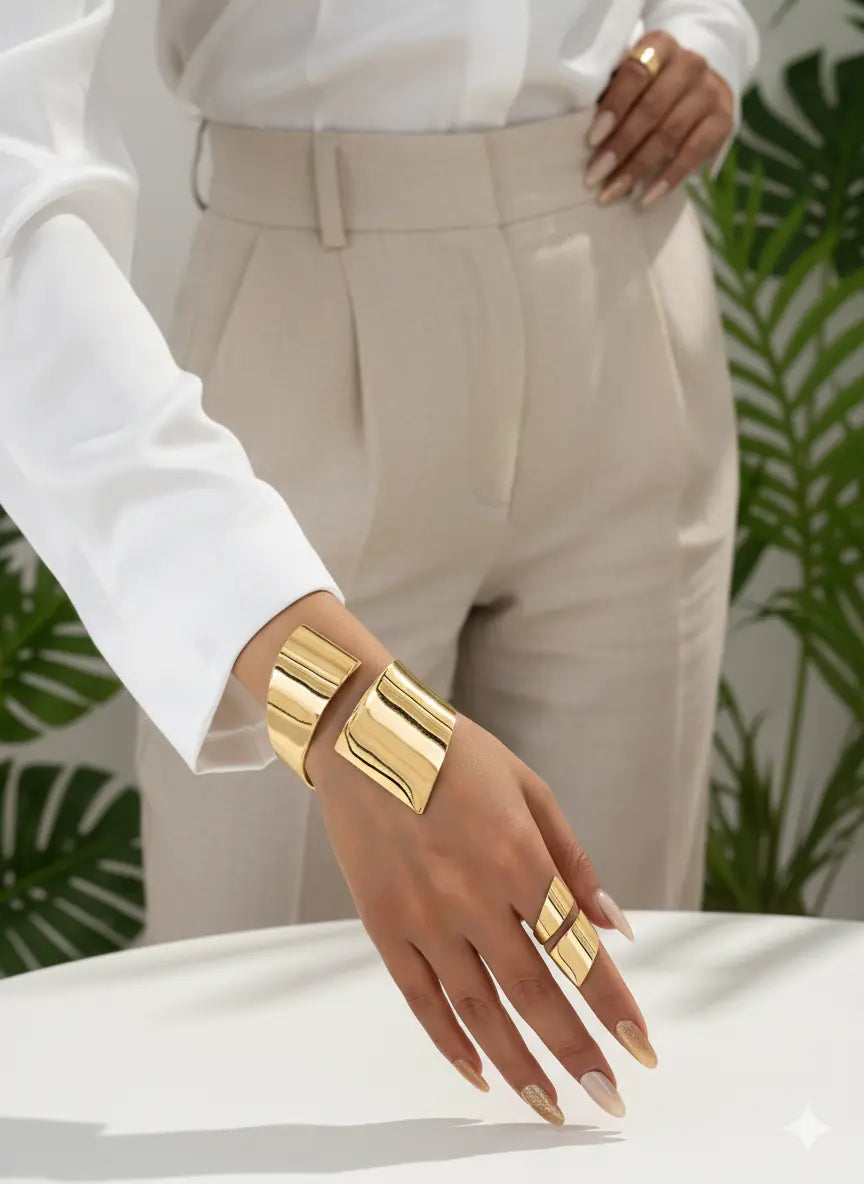 Set Bracelet & Bague Dorés – Style Géométrique Minimaliste UMII