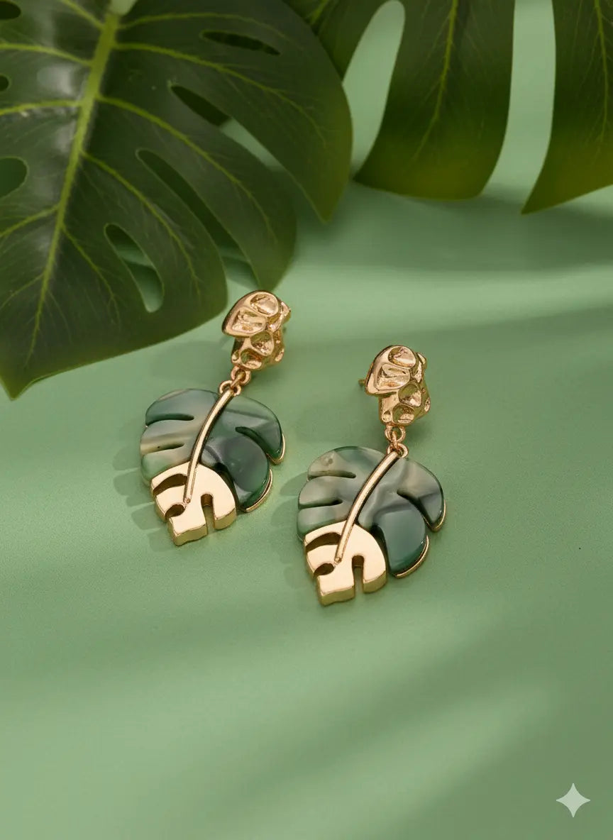 Boucles d’Oreilles Feuille Tropicale – Vert & Or UMII