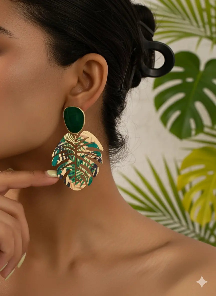Boucles d’Oreilles Feuille Tropicale – Vert & Or UMII