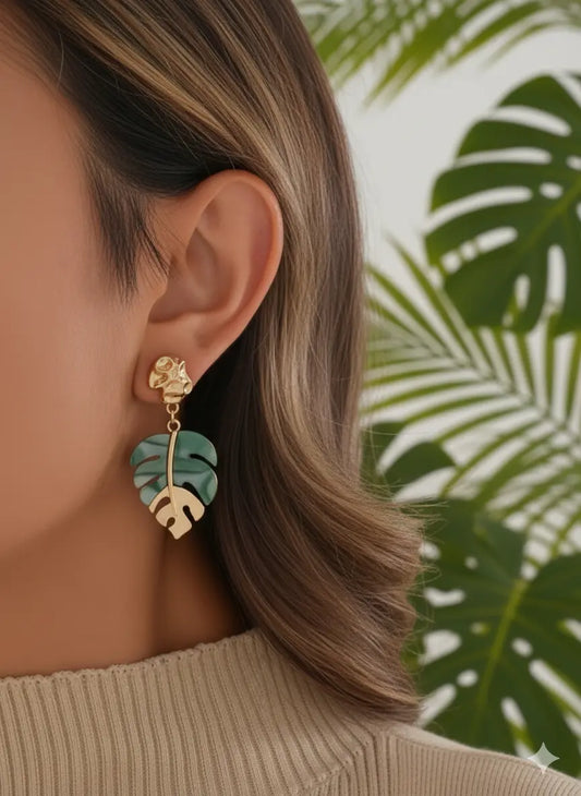 Boucles d’Oreilles Feuille Tropicale – Vert & Or UMII
