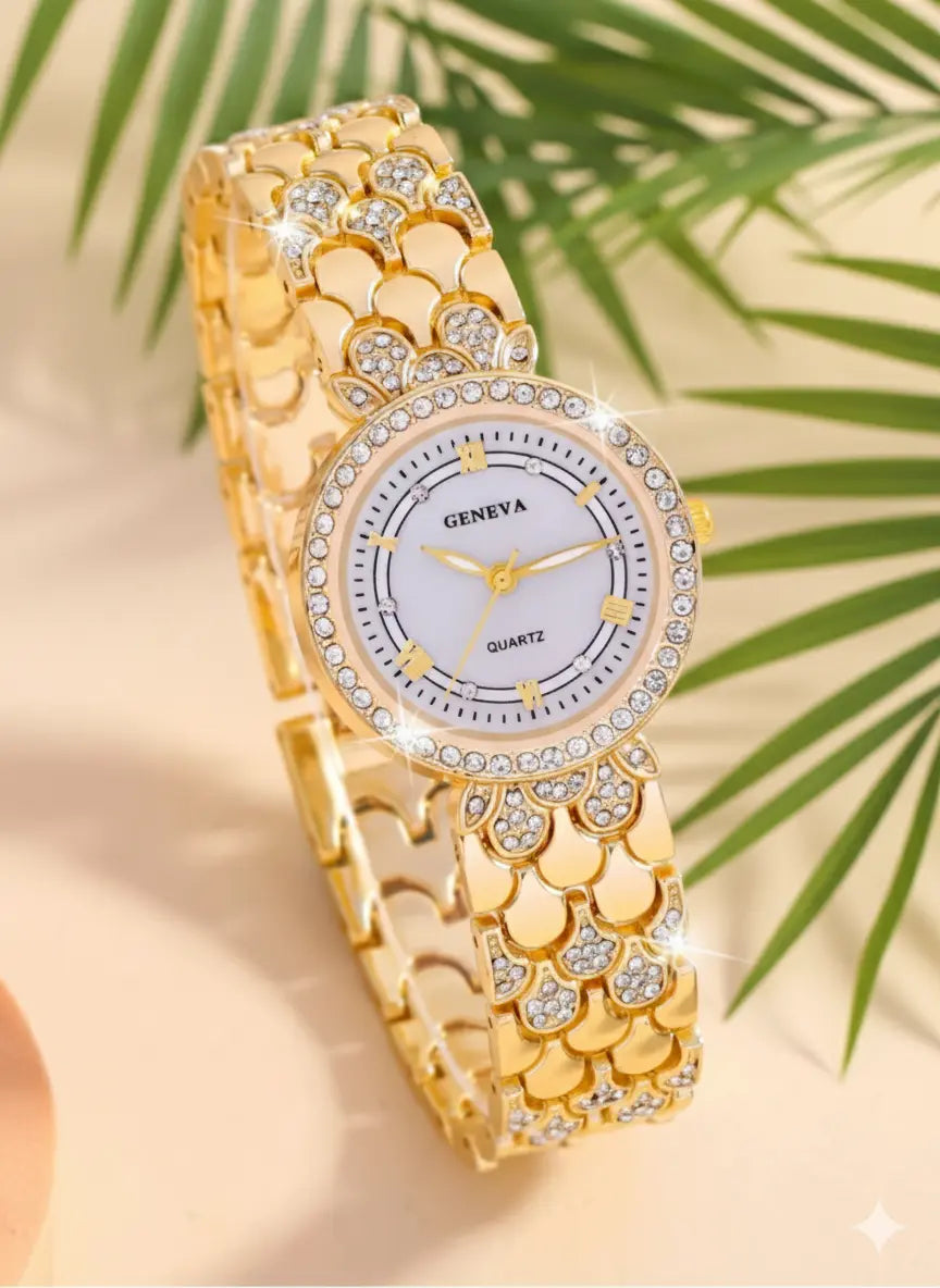 Set Bijoux Femme Luxe – Montre + Bracelet + Collier + Bague + Boucles d’oreilles (Or & Strass) UMII