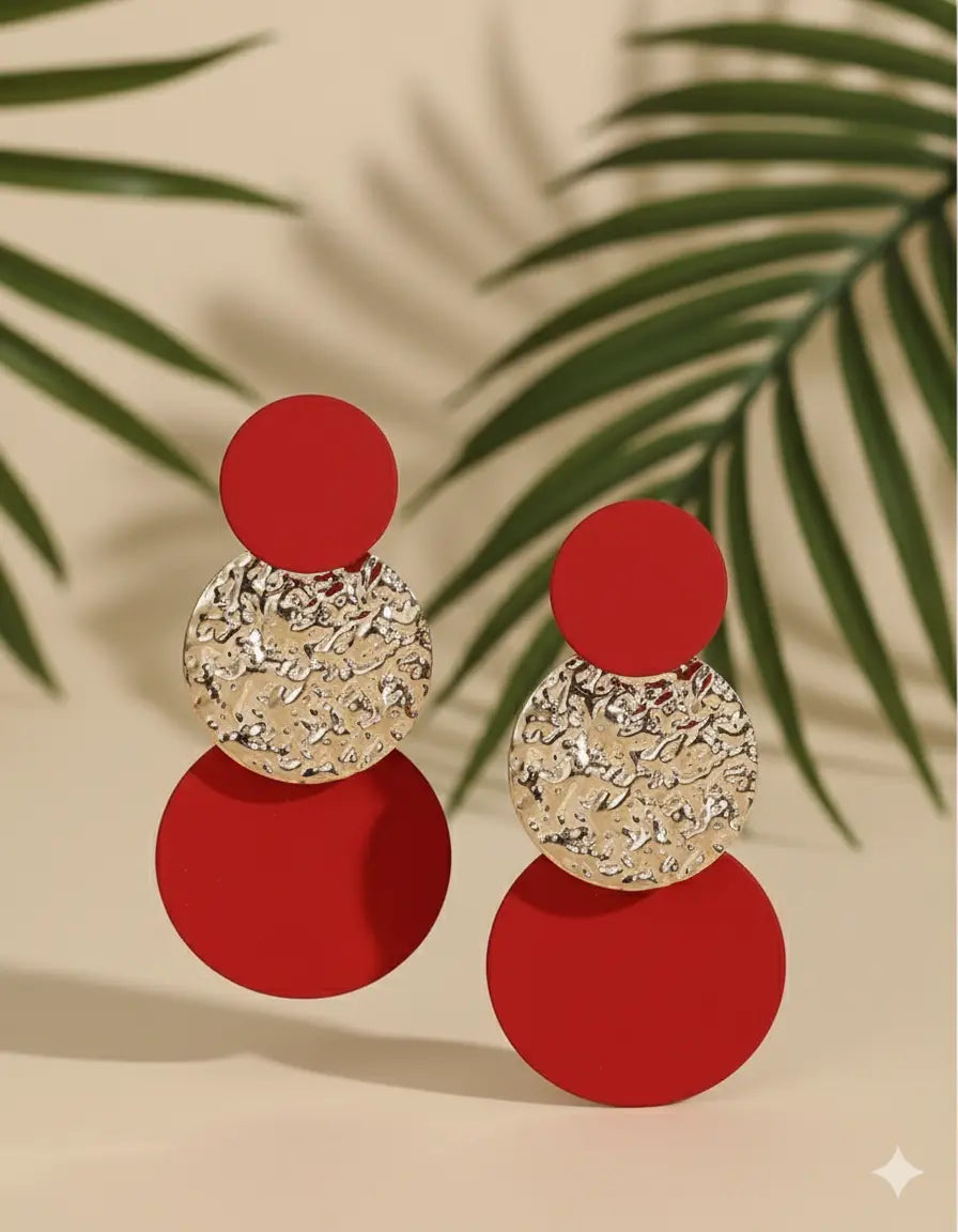 Boucles d’Oreilles Pendantes Rondes – Rouge & Doré UMII