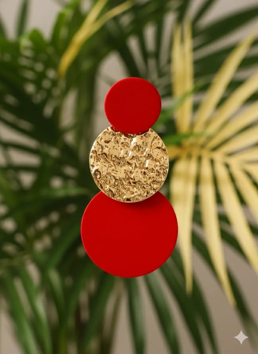 Boucles d’Oreilles Pendantes Rondes – Rouge & Doré UMII