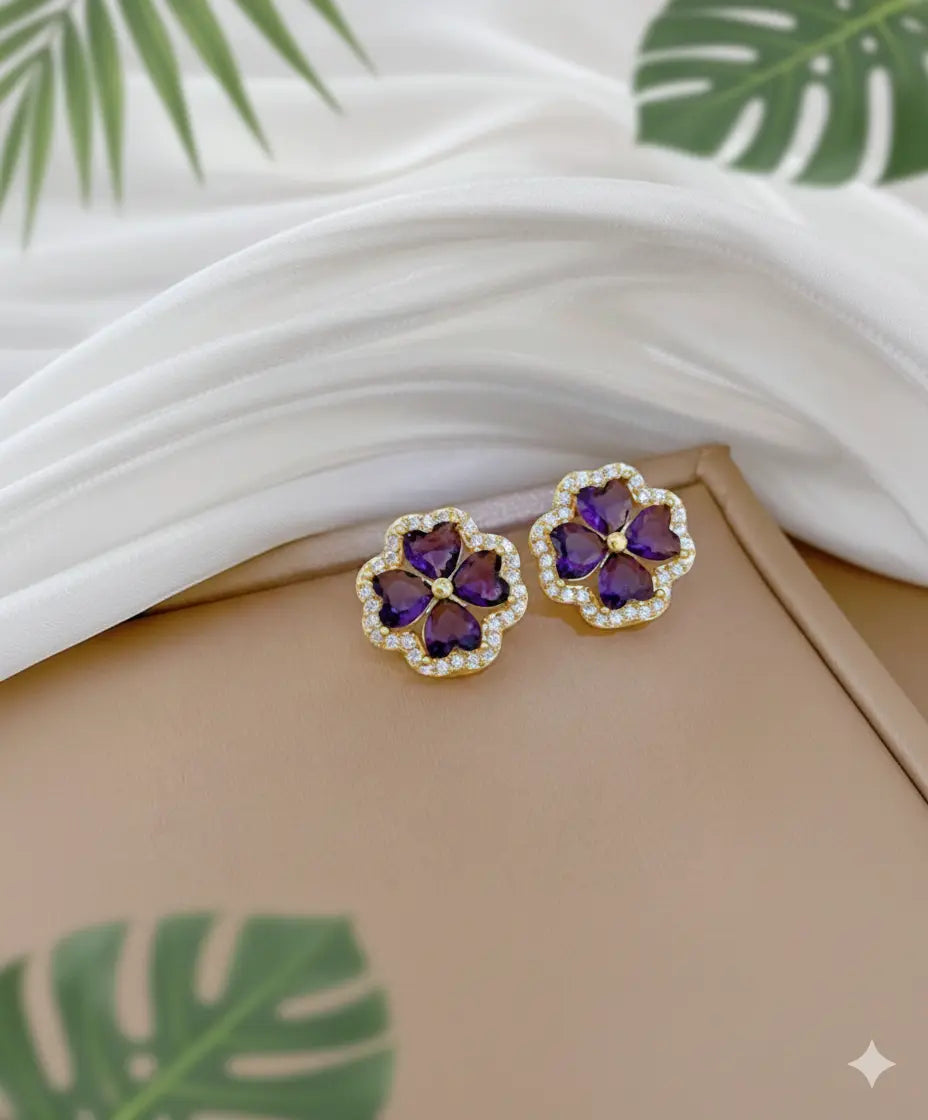 Parure Fleur de Trèfle Violet – Acier Inoxydable & Strass UMII