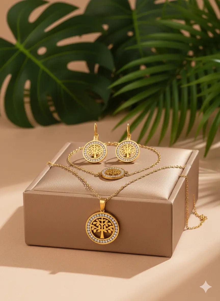 Parure en acier inoxydable – Arbre de la Fortune & Cristaux UMII