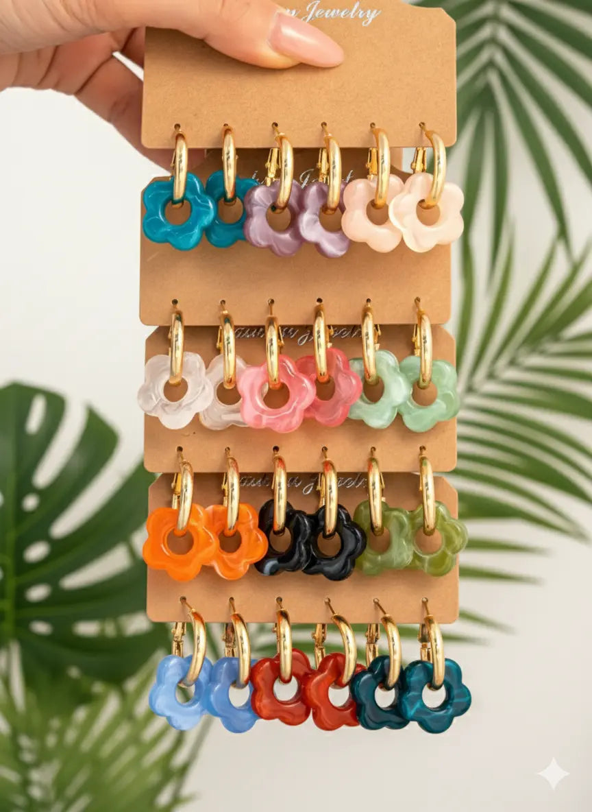 Lot de 12 paires de boucles d’oreilles fleur en résine – Style Dopamine Colorée UMII