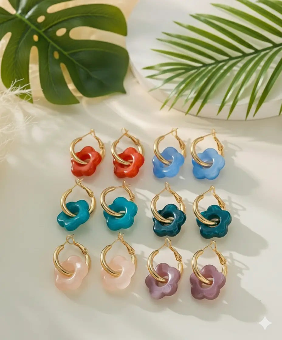 Lot de 12 paires de boucles d’oreilles fleur en résine – Style Dopamine Colorée UMII