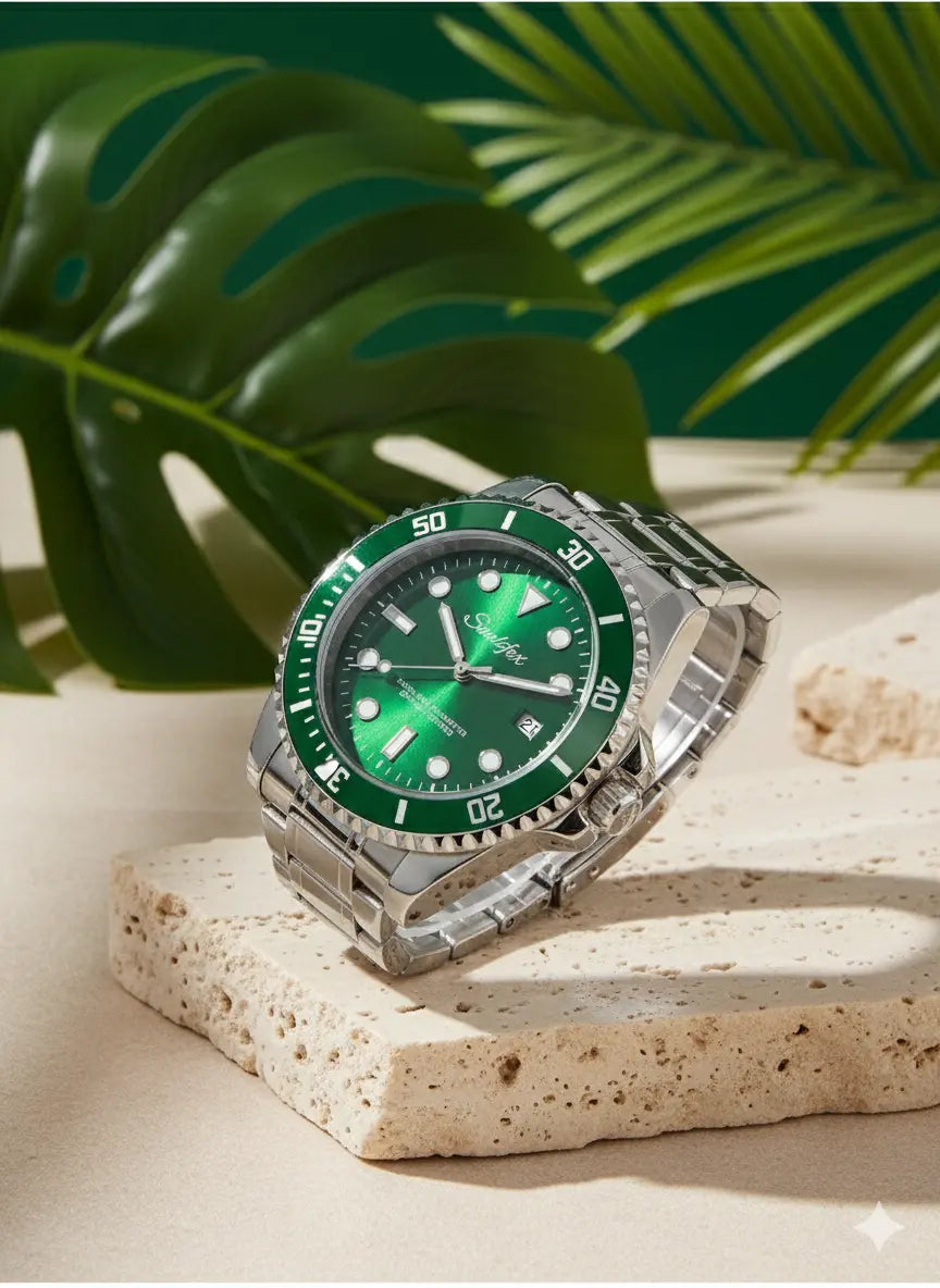 Montre Homme Classique & Étanche – Acier Argent & Cadran Vert UMII