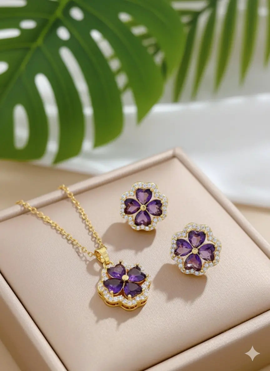 Parure Fleur de Trèfle Violet – Acier Inoxydable & Strass UMII