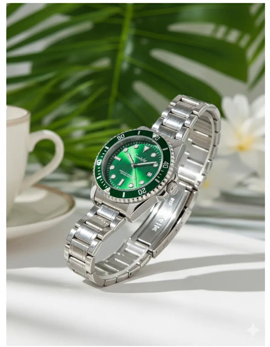Montre Homme Classique & Étanche – Acier Argent & Cadran Vert UMII