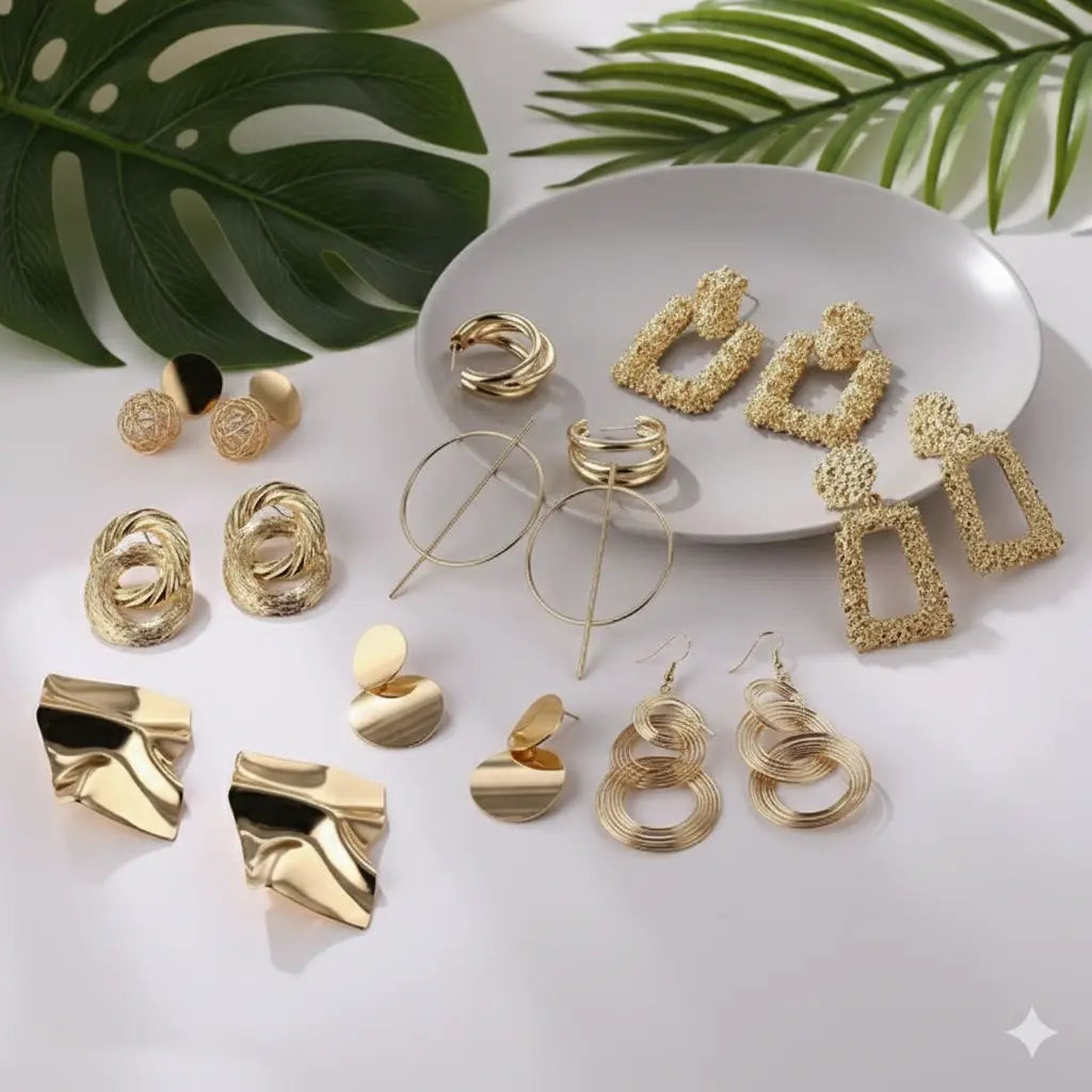 Ensemble de 5 paires de boucles d’oreilles géométriques dorées – Style chic & moderne UMII