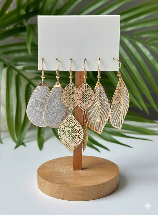 Lot de 3 paires de boucles d’oreilles feuille & goutte – Style élégant UMII