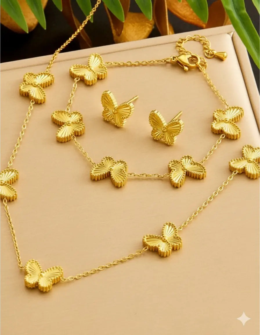 Parure Papillons 3D – Acier Inoxydable Plaqué Or UMII