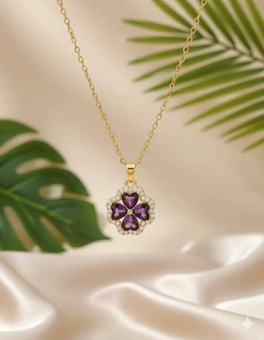 Parure Fleur de Trèfle Violet – Acier Inoxydable & Strass UMII