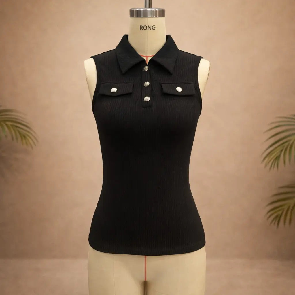 Top femme sans manches en polyester – col à revers UMII