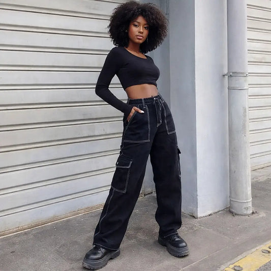 Cargo Jeans Femme Multi-Poches Wide-Leg - Noir Ligne Blanche – PRÉCOMMANDE - UMII